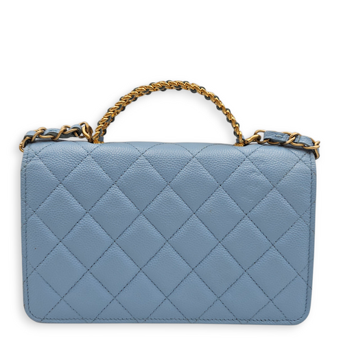 Quilted Top Handle Baby Blue Wallet on Chain in Caviar Leather, Gold hardware