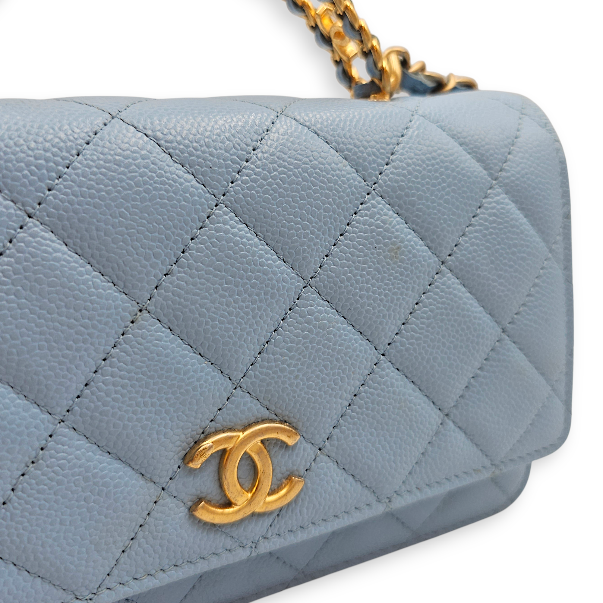 Quilted Top Handle Baby Blue Wallet on Chain in Caviar Leather, Gold hardware