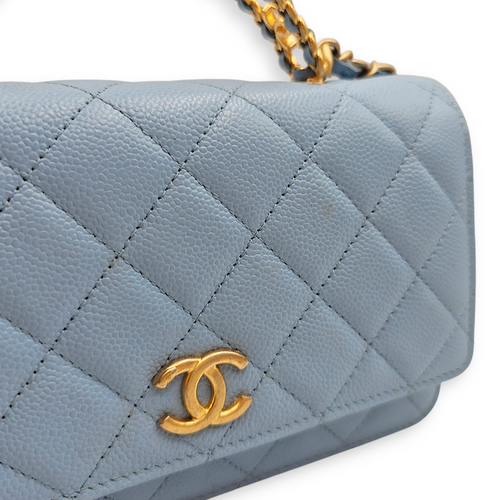 Quilted Top Handle Baby Blue Wallet on Chain in Caviar Leather, Gold hardware