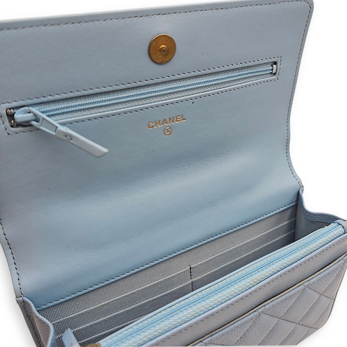 Quilted Top Handle Baby Blue Wallet on Chain in Caviar Leather, Gold hardware