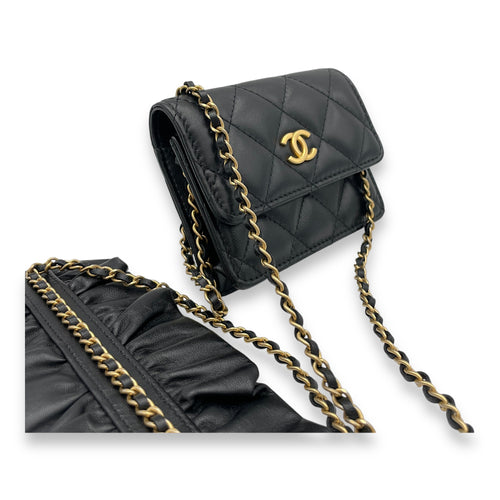 Classic Flap Chain Mini Black Card Holder in Lambskin, Gold hardware