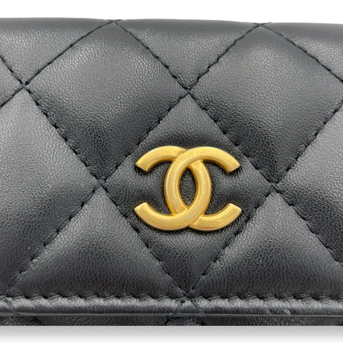 Classic Flap Chain Mini Black Card Holder in Lambskin, Gold hardware