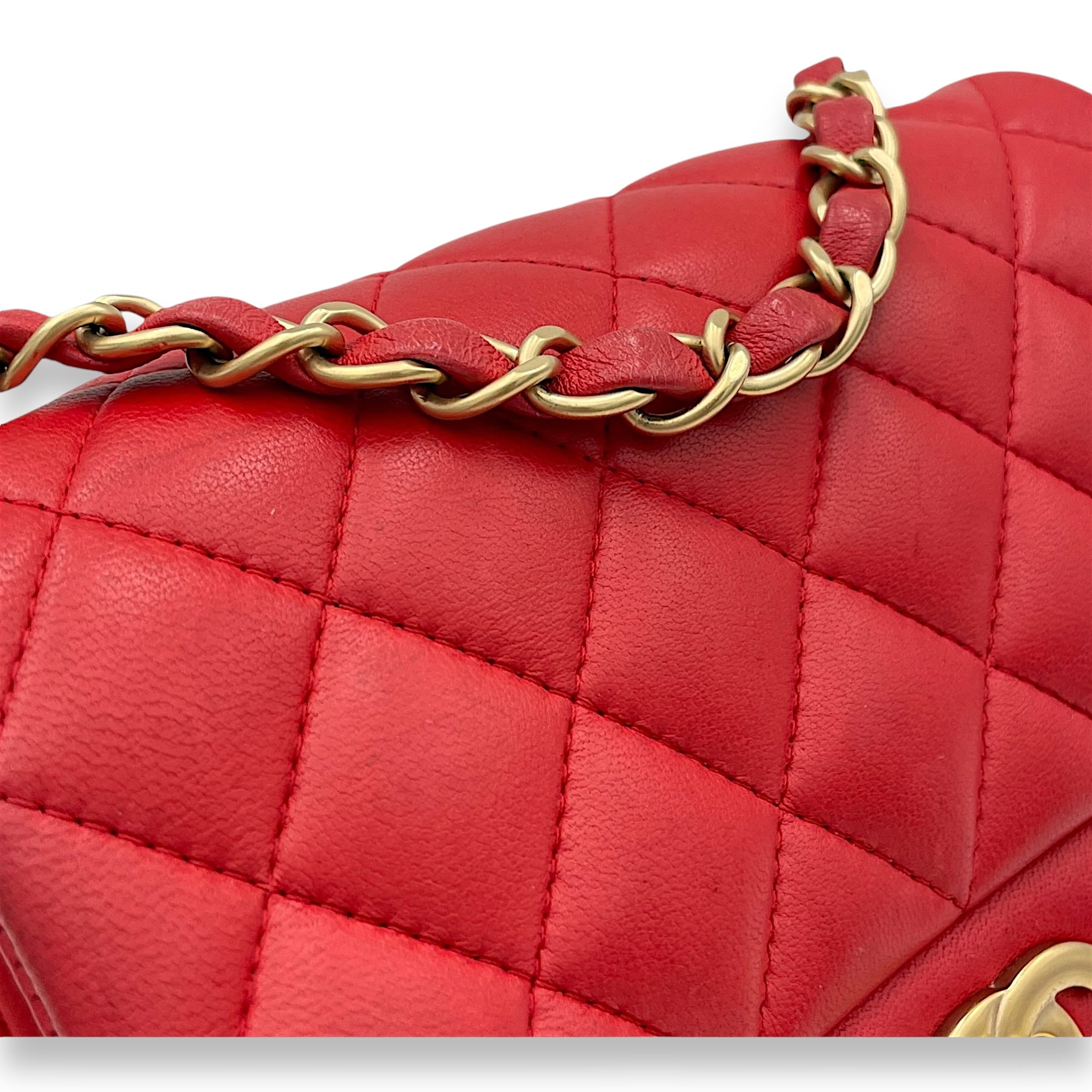 Classic Mini Red Crossbody Bag in Lambskin, Gold hardware