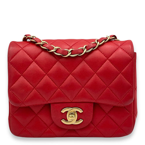 Classic Mini Red Crossbody Bag in Lambskin, Gold hardware