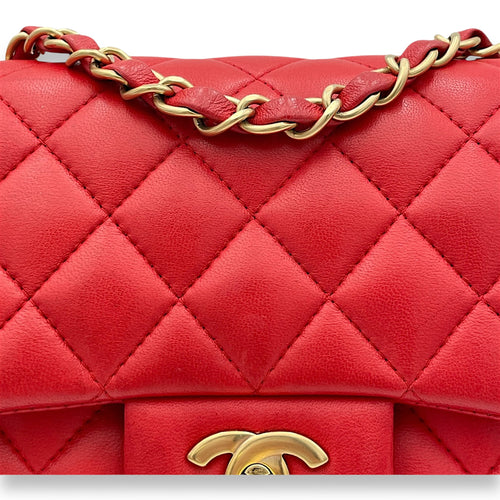 Classic Mini Red Crossbody Bag in Lambskin, Gold hardware