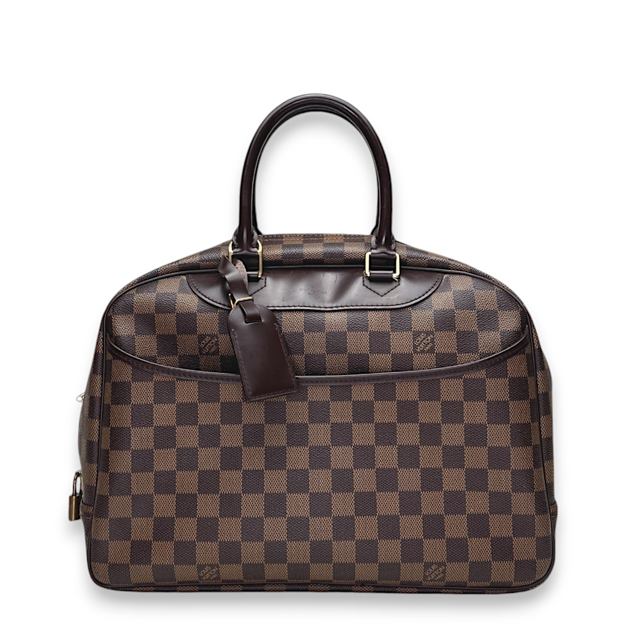 Deauville Damier Ebene GM Brown Top Handle Bag in Coated Canvas, Gold hardware