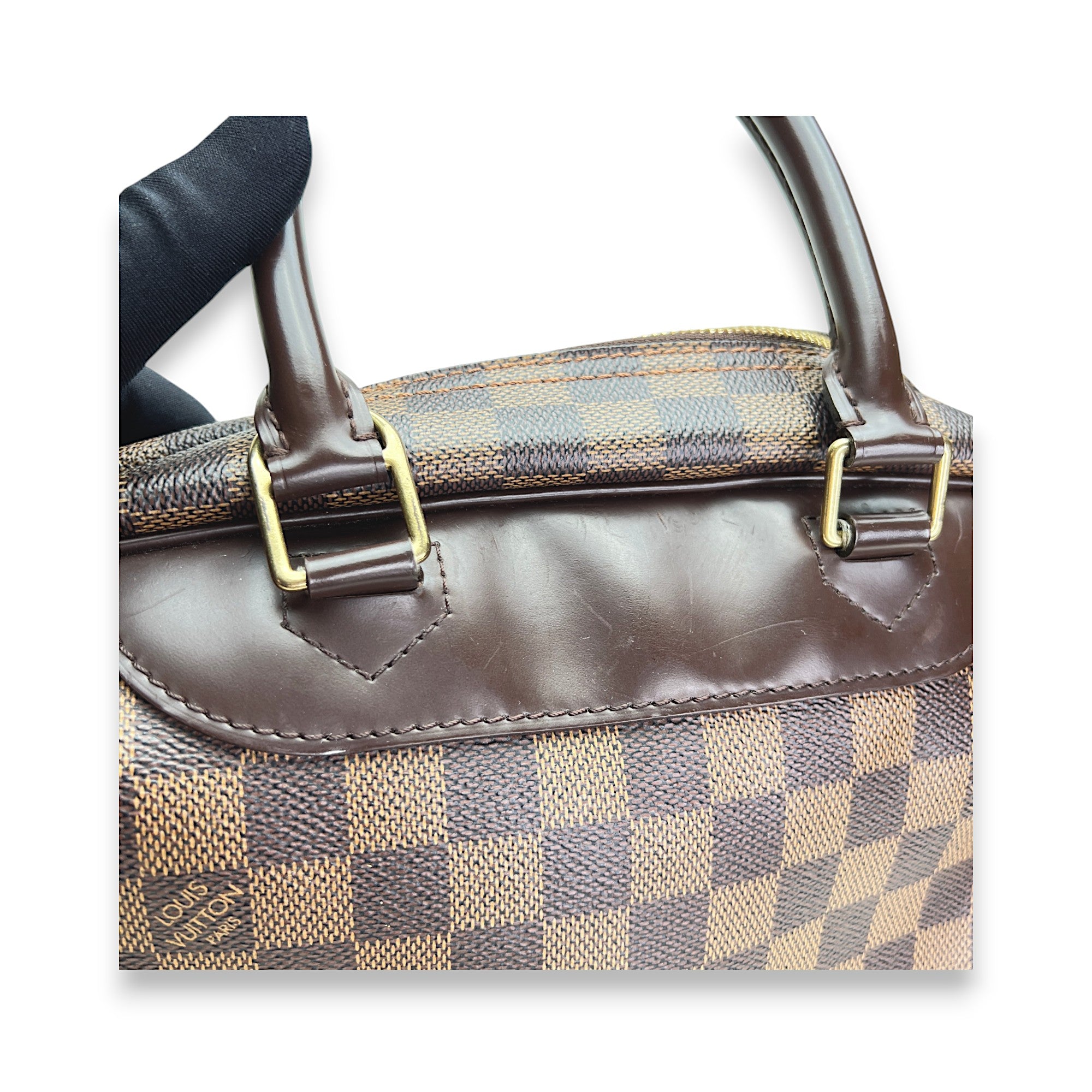 Deauville Damier Ebene GM Brown Top Handle Bag in Coated Canvas, Gold hardware