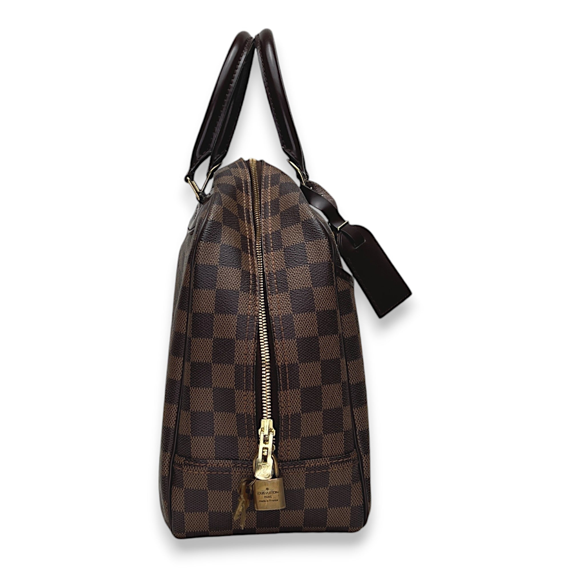 Deauville Damier Ebene GM Brown Top Handle Bag in Coated Canvas, Gold hardware