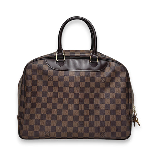 Deauville Damier Ebene GM Brown Top Handle Bag in Coated Canvas, Gold hardware