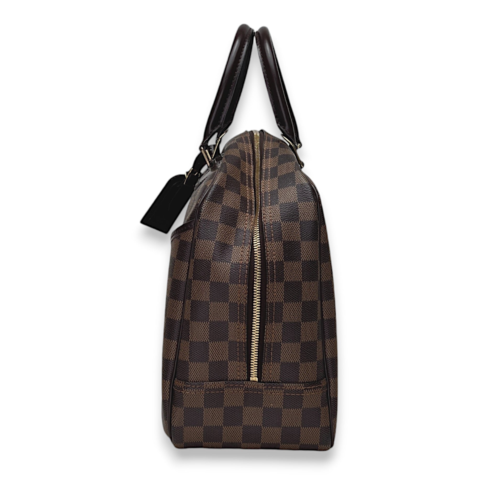 Deauville Damier Ebene GM Brown Top Handle Bag in Coated Canvas, Gold hardware