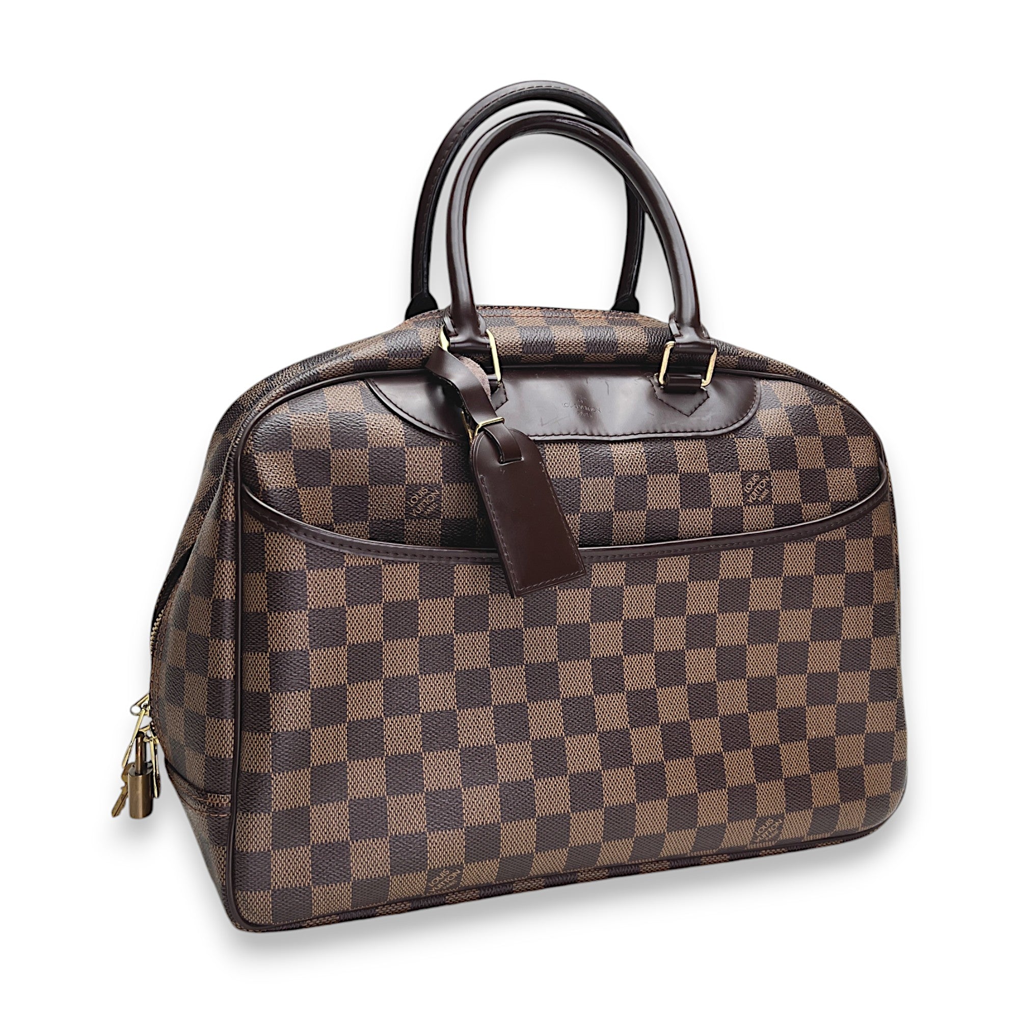 Deauville Damier Ebene GM Brown Top Handle Bag in Coated Canvas, Gold hardware