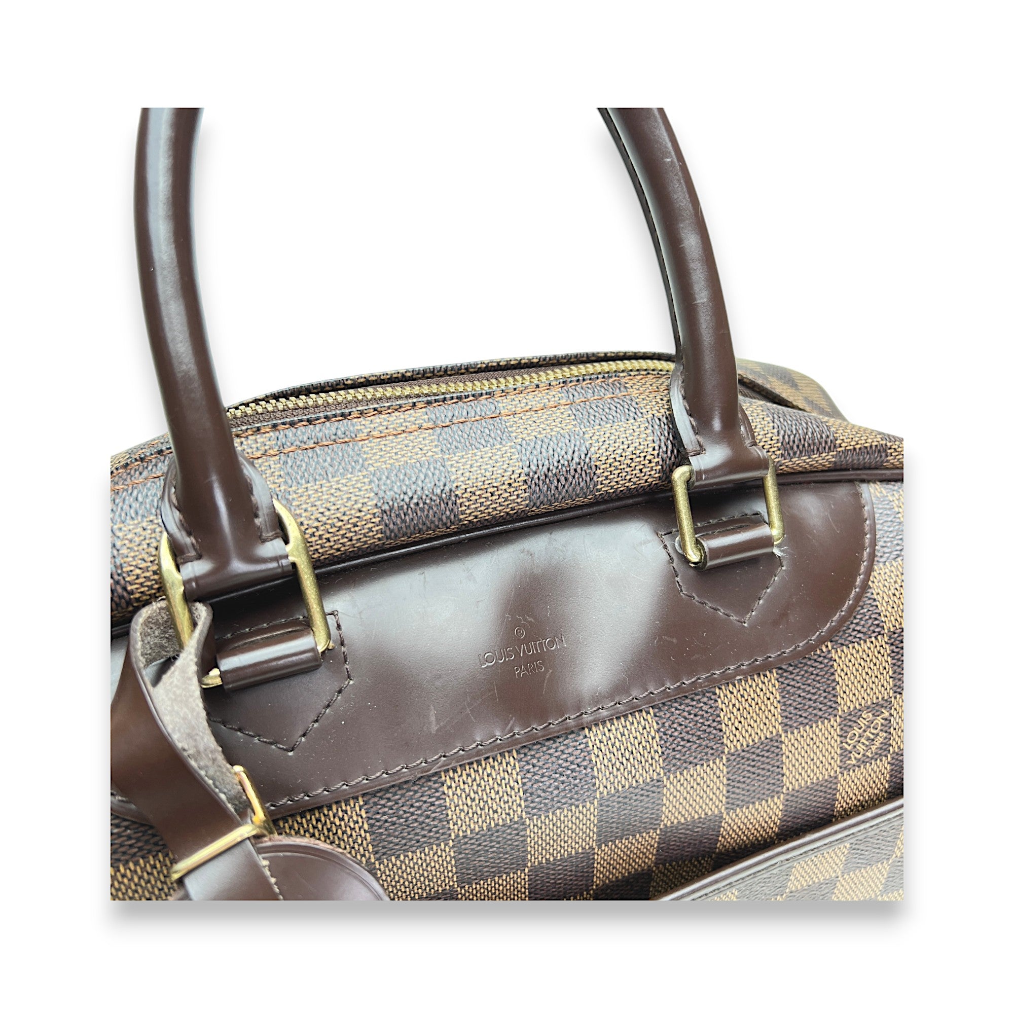 Deauville Damier Ebene GM Brown Top Handle Bag in Coated Canvas, Gold hardware