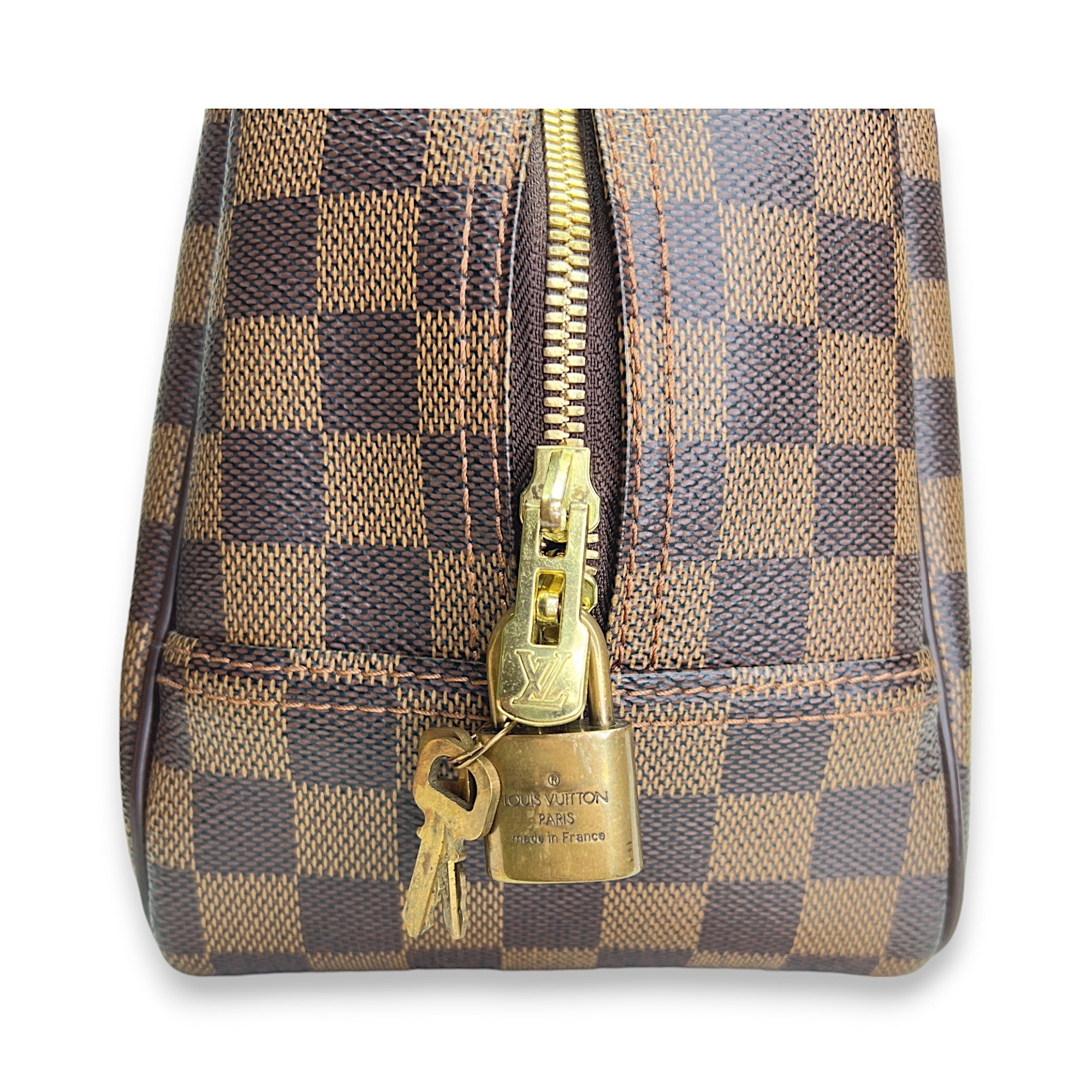 Deauville Damier Ebene GM Brown Top Handle Bag in Coated Canvas, Gold hardware