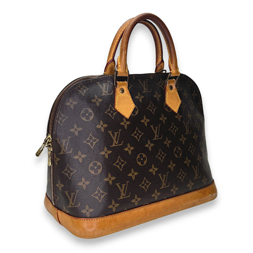 Alma PM Brown Top Handle Bag in Monogram Coated Canvas, Gold hardware