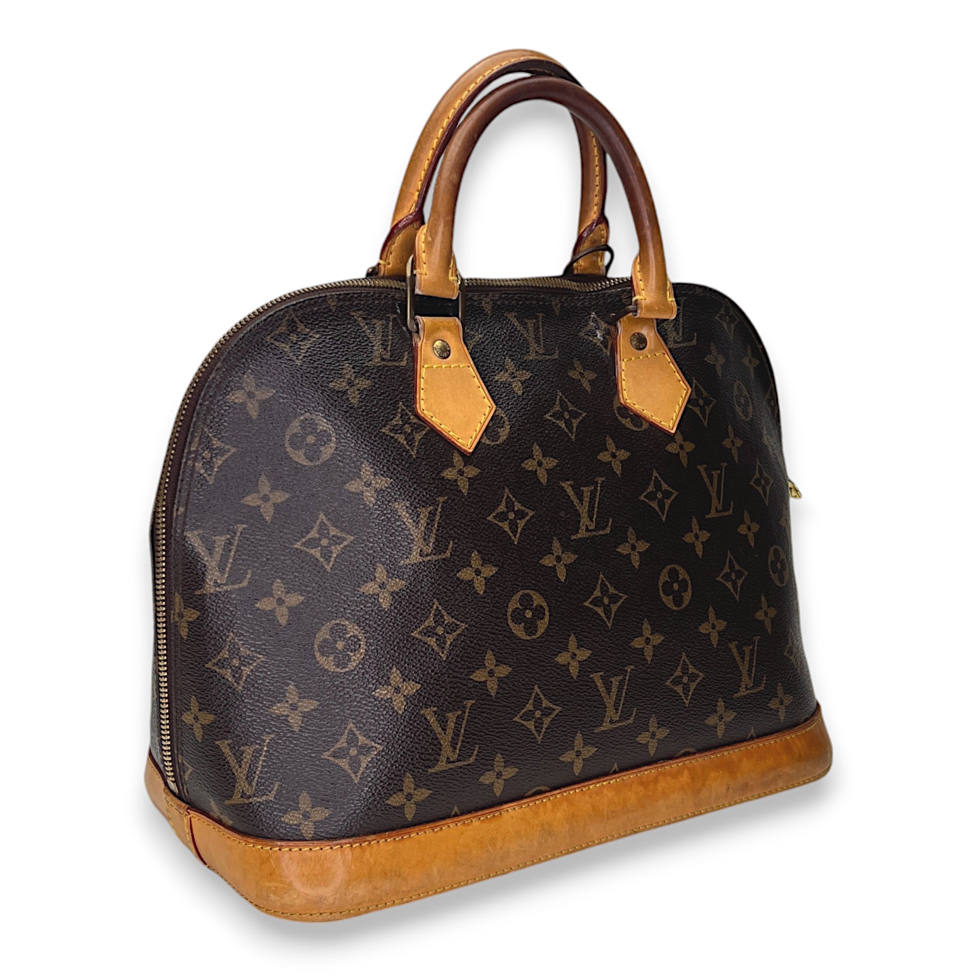 Alma PM Brown Top Handle Bag in Monogram Coated Canvas, Gold hardware