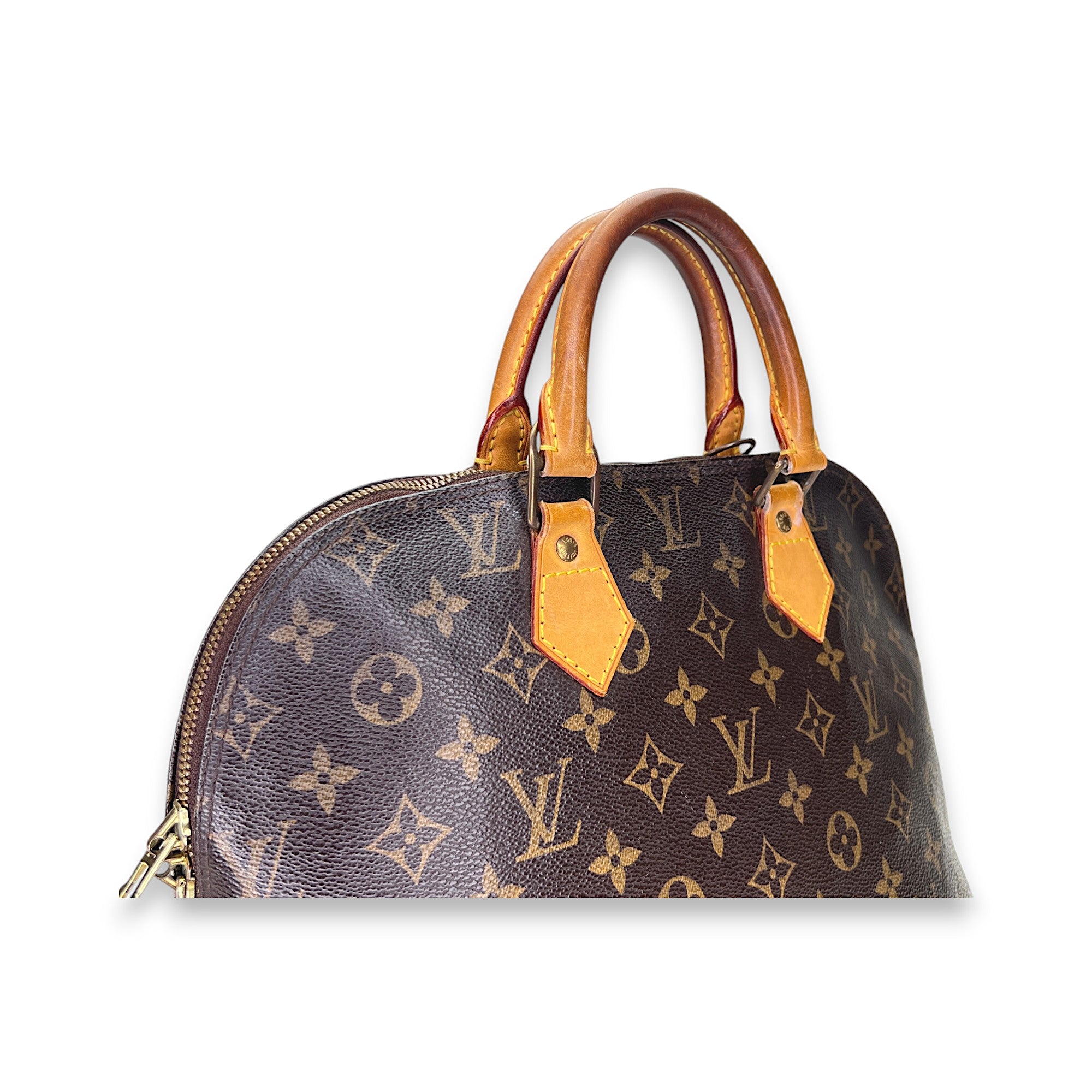 Alma PM Brown Top Handle Bag in Monogram Coated Canvas, Gold hardware