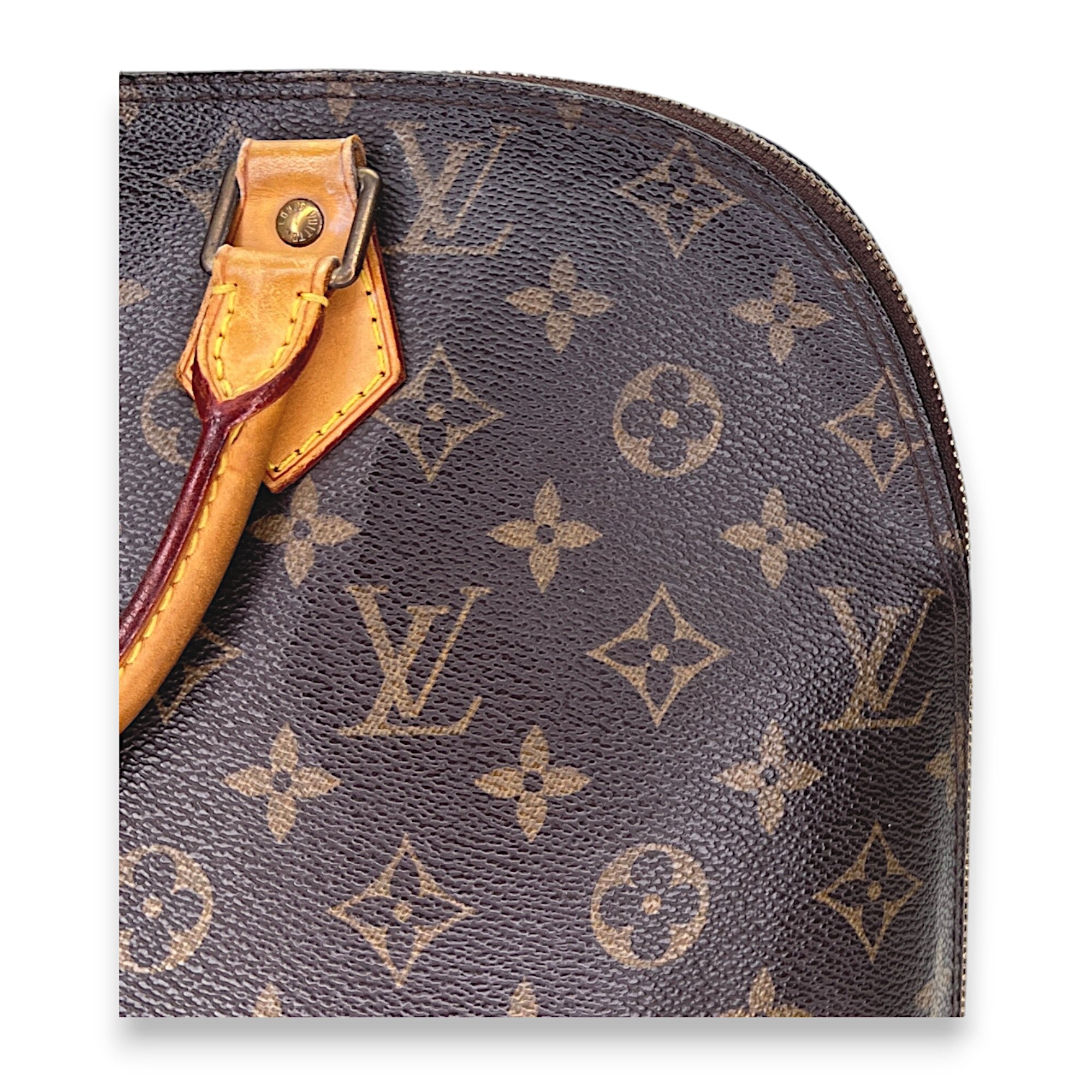 Alma PM Brown Top Handle Bag in Monogram Coated Canvas, Gold hardware