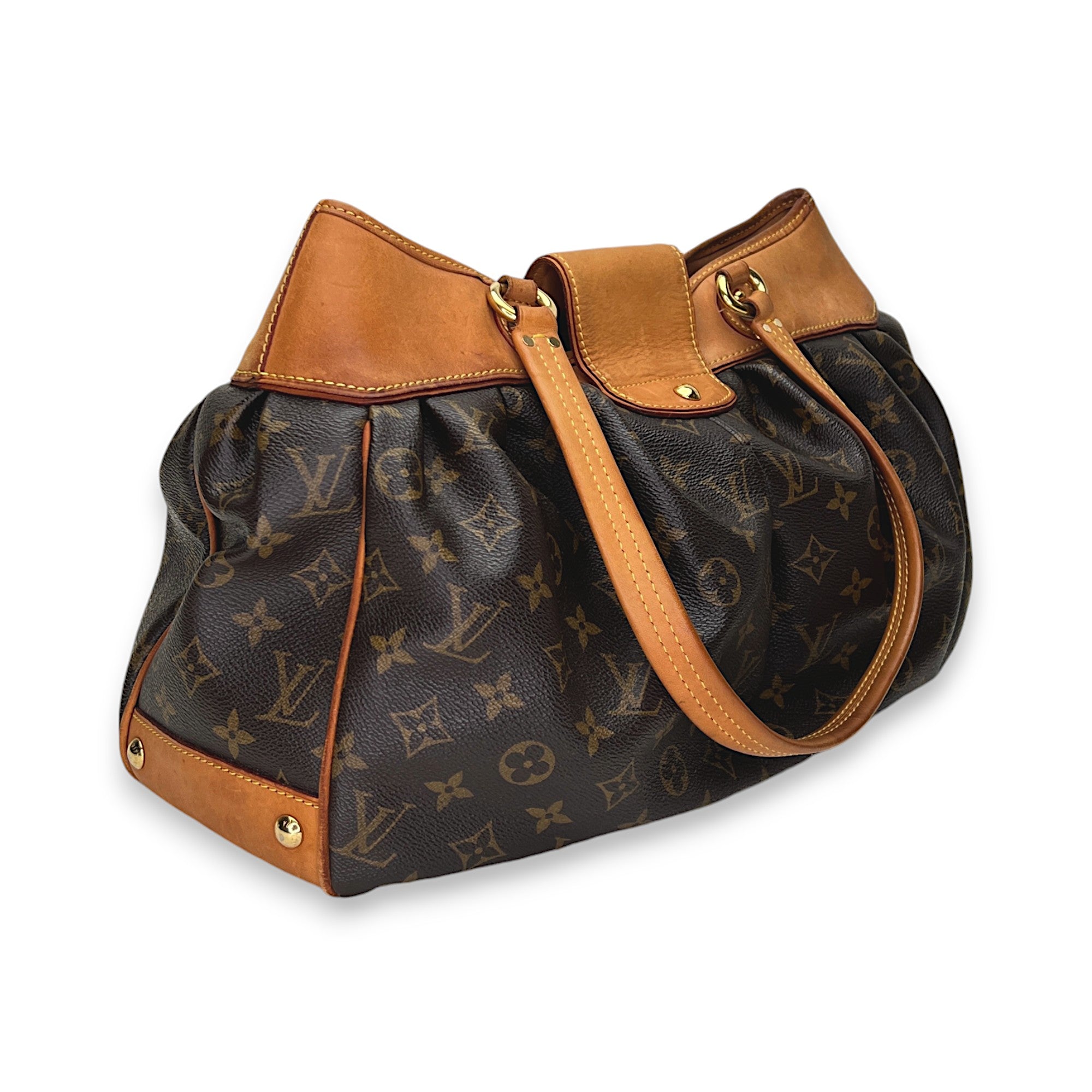 Boetie MM Brown Shoulder Bag in Monogram Coated Canvas, Gold hardware