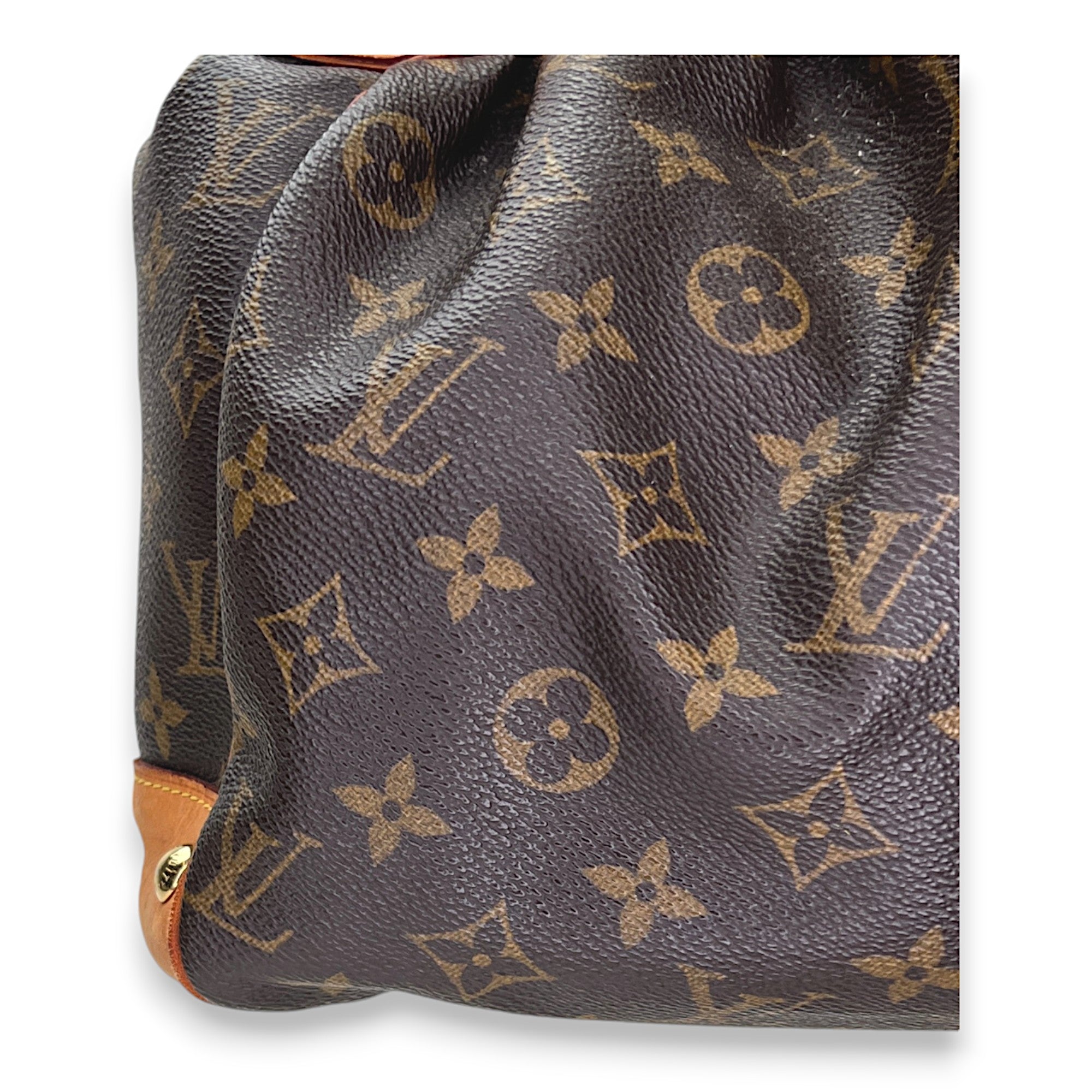 Boetie MM Brown Shoulder Bag in Monogram Coated Canvas, Gold hardware