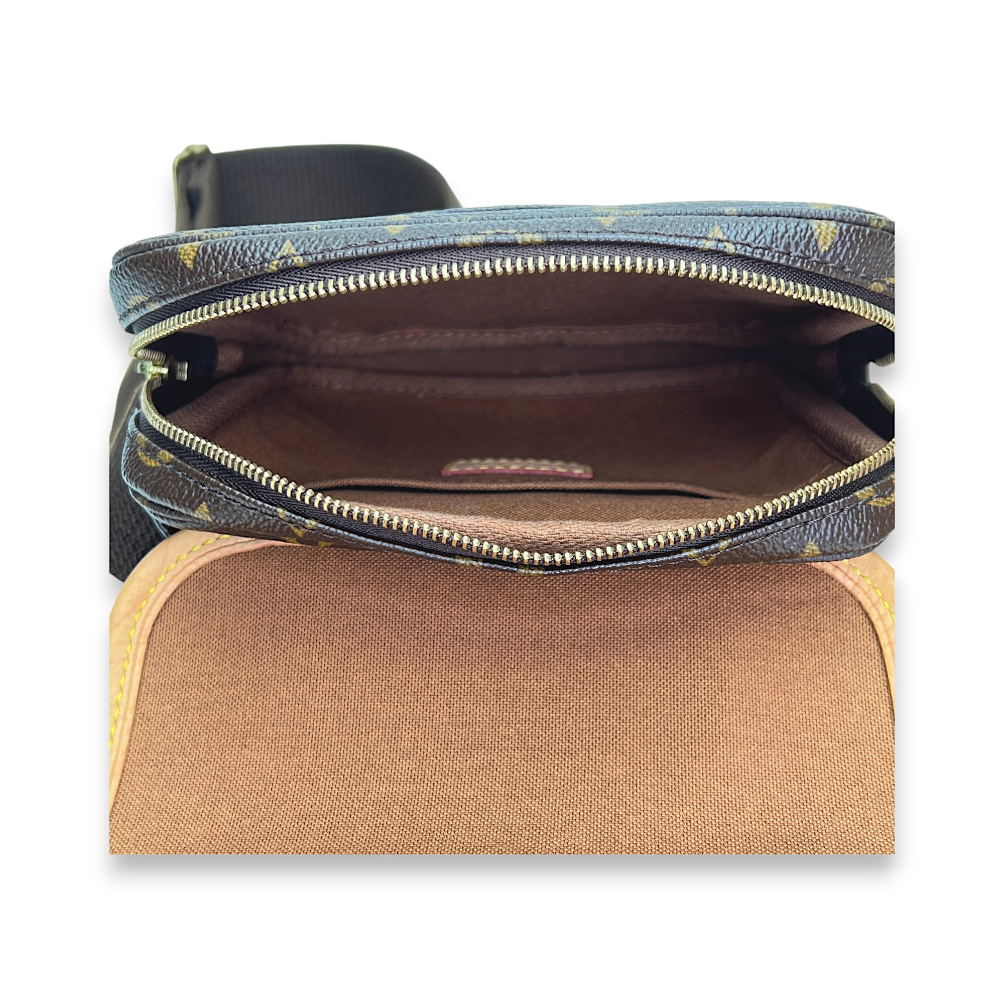 Bosphore Bum Brown Belt Bag in Monogram Coated Canvas, Gold hardware