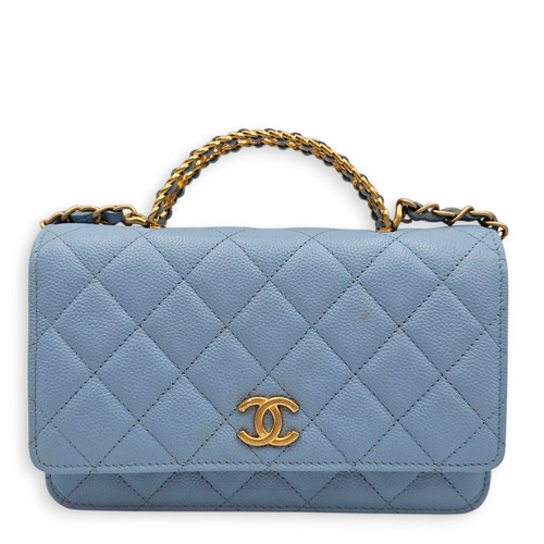 Quilted Top Handle Baby Blue Wallet on Chain in Caviar Leather, Gold hardware