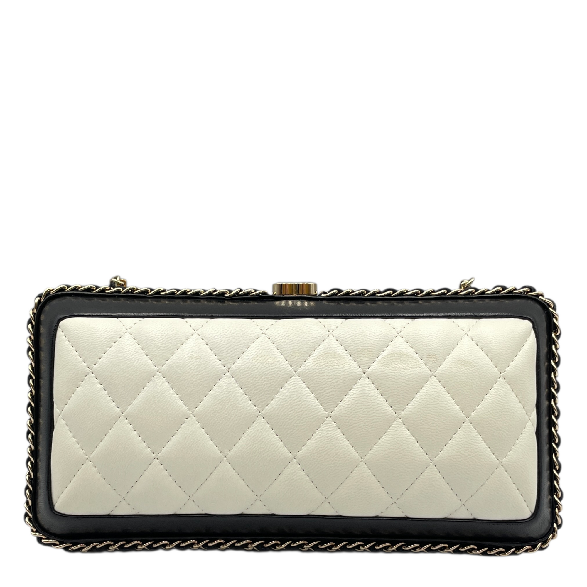 Quilted Chain Round White/Black Crossbody Bag in Lambskin, Gold hardware