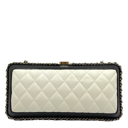 Quilted Chain Round White/Black Crossbody Bag in Lambskin, Gold hardware