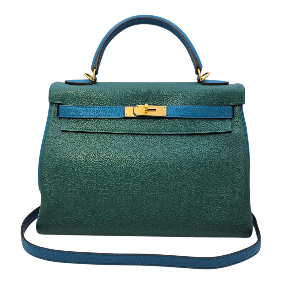 HSS Kelly 32 Malachite/ Blue Izmir in Clemence Brushed Gold hardware