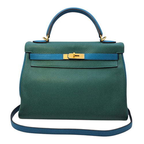 HSS Kelly 32 Malachite/ Blue Izmir in Clemence Brushed Gold hardware
