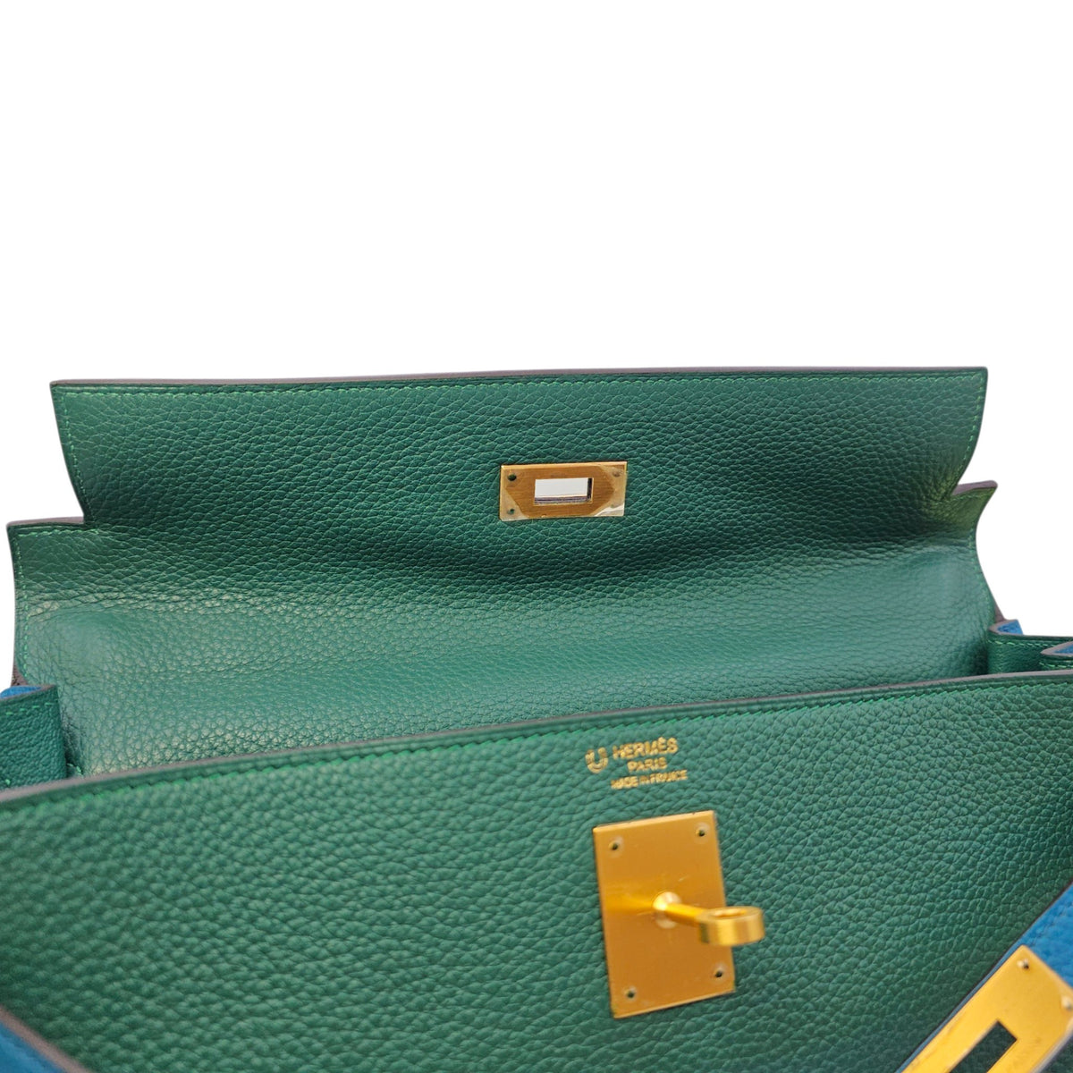 HSS Kelly 32 Malachite/ Blue Izmir in Clemence Brushed Gold hardware