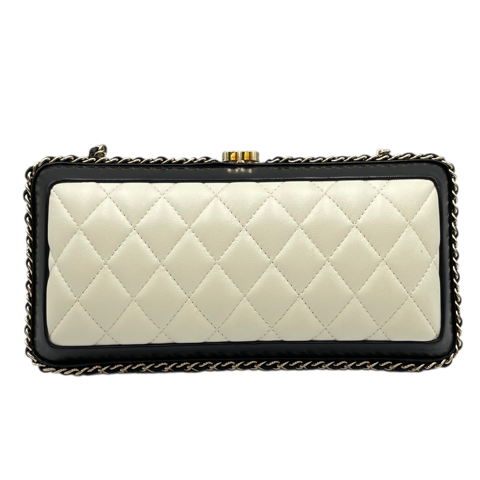 Quilted Chain Round White/Black Crossbody Bag in Lambskin, Gold hardware