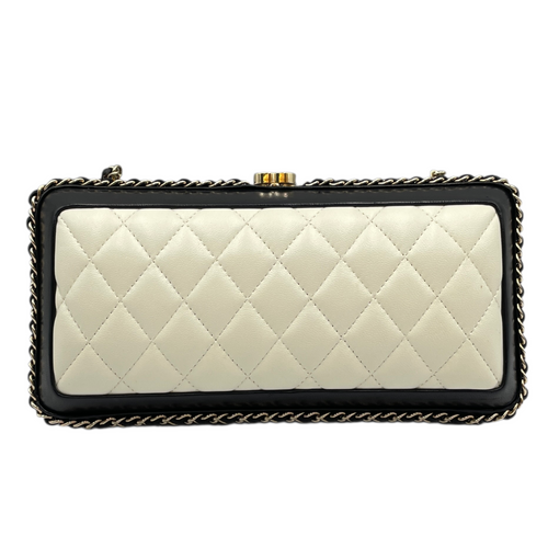 Quilted Chain Round White/Black Crossbody Bag in Lambskin, Gold hardware