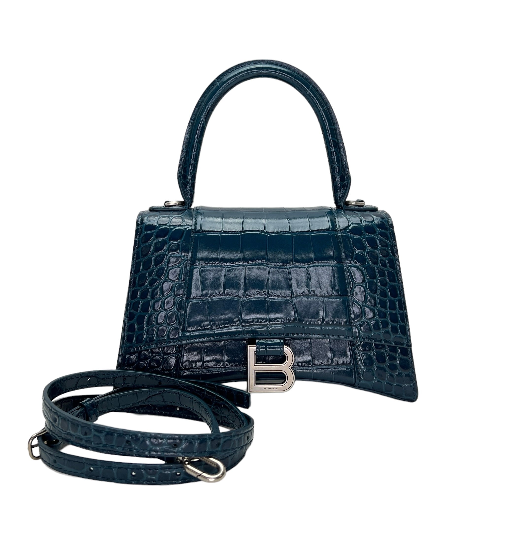 Balenciaga Hourglass Small Teal Top Handle Bag in Crocodile Embossed Calfskin Silver hardware Singapore