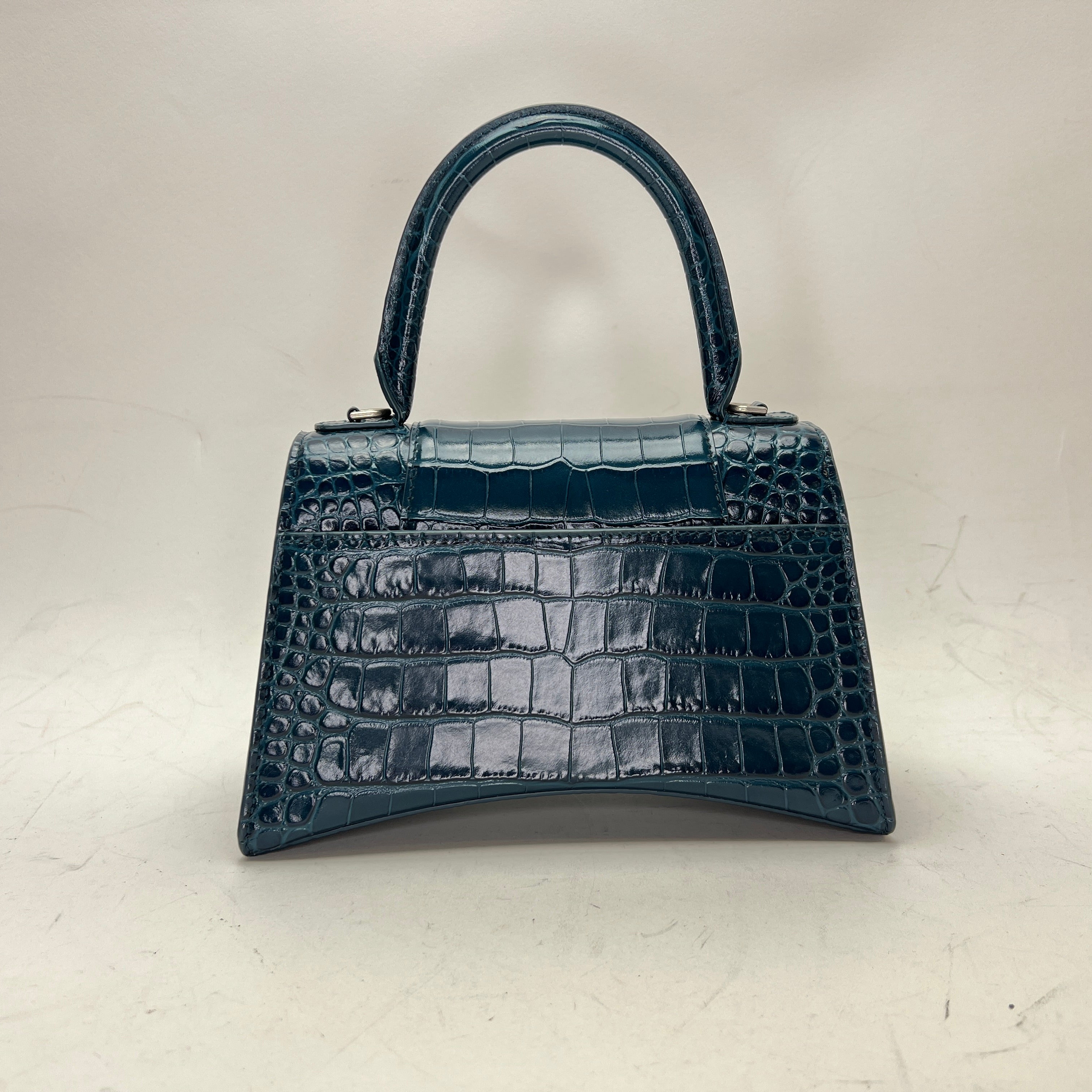 Hourglass Small Teal Top Handle Bag in Crocodile Embossed Calfskin Si