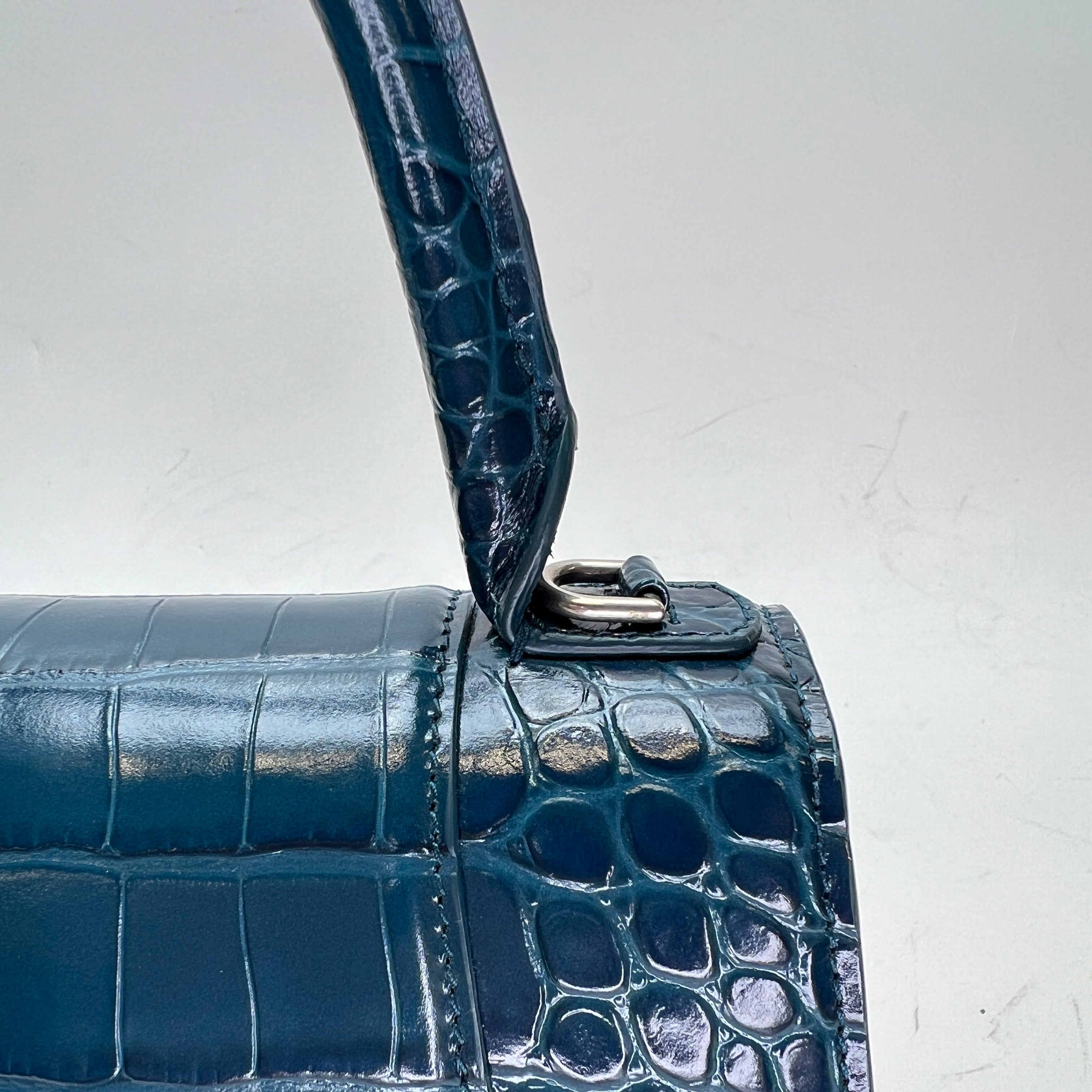 Balenciaga Hourglass Small Teal Top Handle Bag in Crocodile Embossed Calfskin Silver hardware Singapore