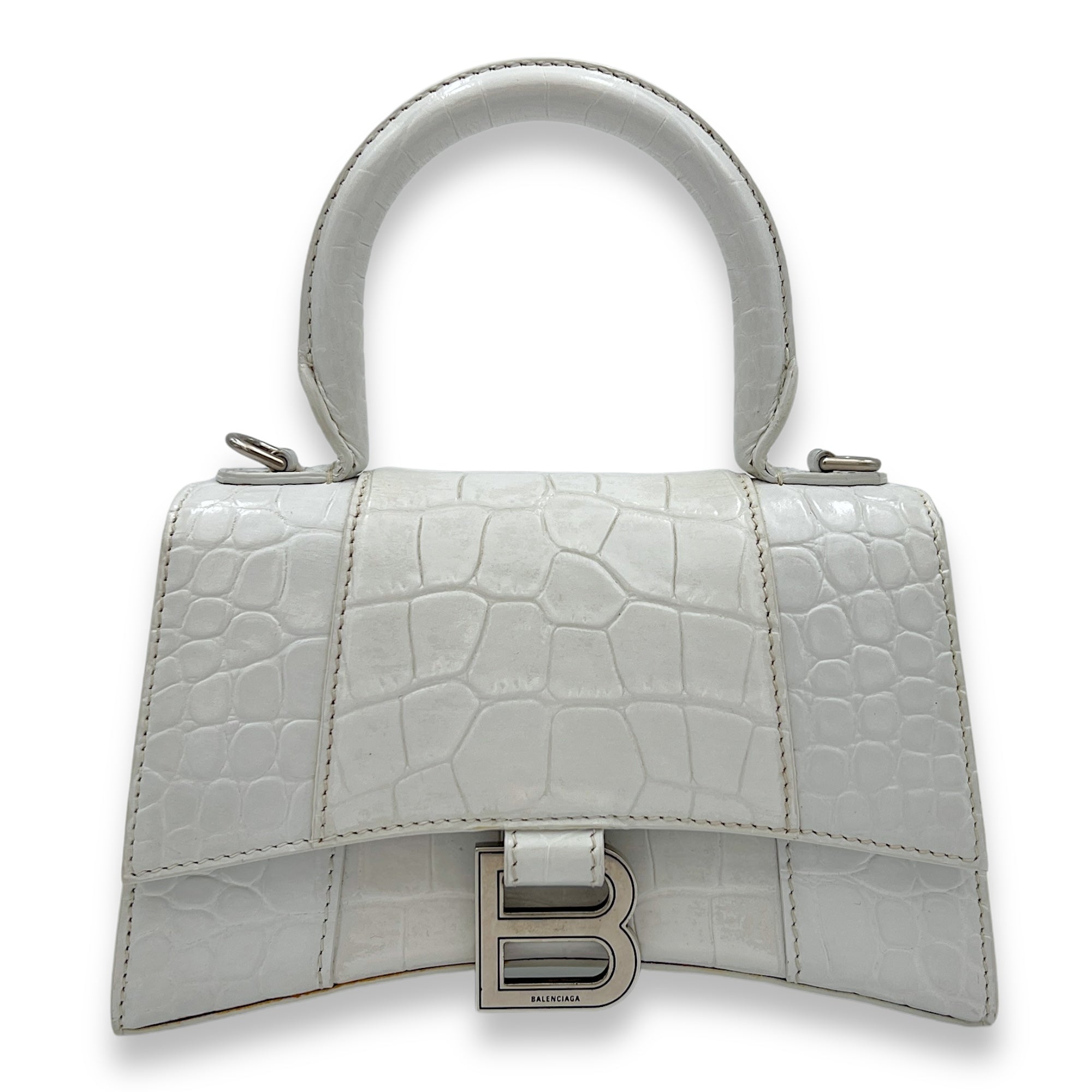 Balenciaga Hourglass XS White Top Handle Bag in Crocodile Embossed Calfskin, Silver hardware_1
