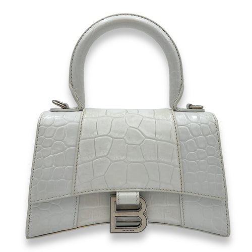 Balenciaga Hourglass XS White Top Handle Bag in Crocodile Embossed Calfskin, Silver hardware_1