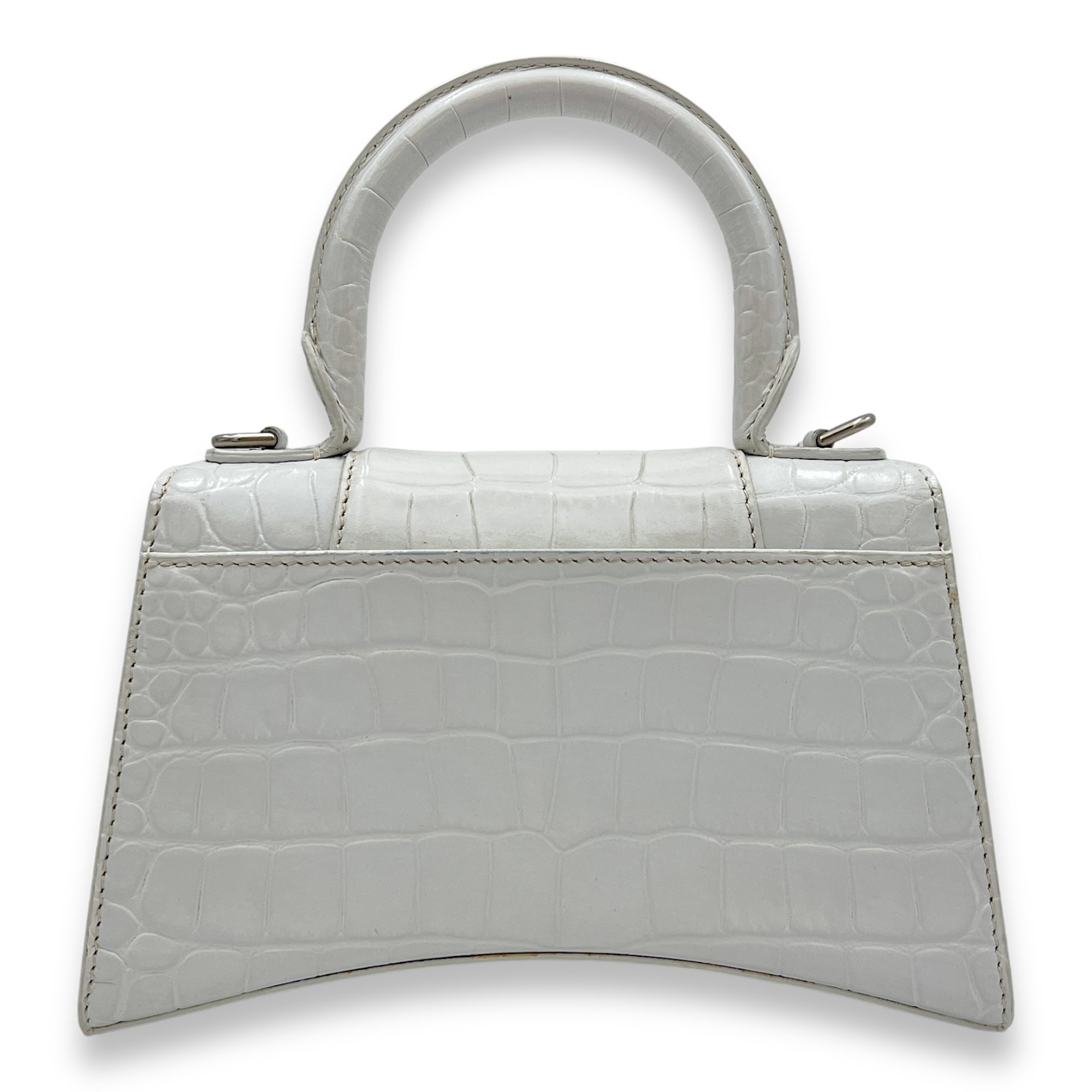 Balenciaga Hourglass XS White Top Handle Bag in Crocodile Embossed Calfskin, Silver hardware_2