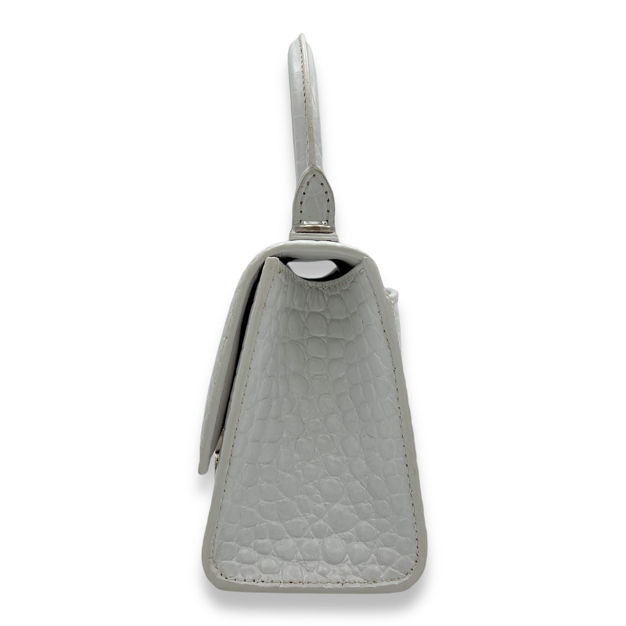 Balenciaga Hourglass XS White Top Handle Bag in Crocodile Embossed Calfskin, Silver hardware_3
