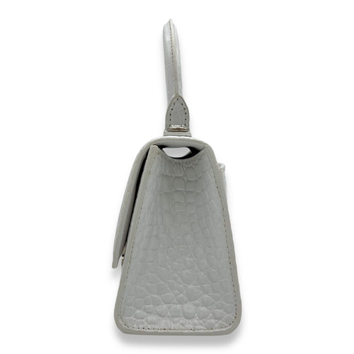 Balenciaga Hourglass XS White Top Handle Bag in Crocodile Embossed Calfskin, Silver hardware_3