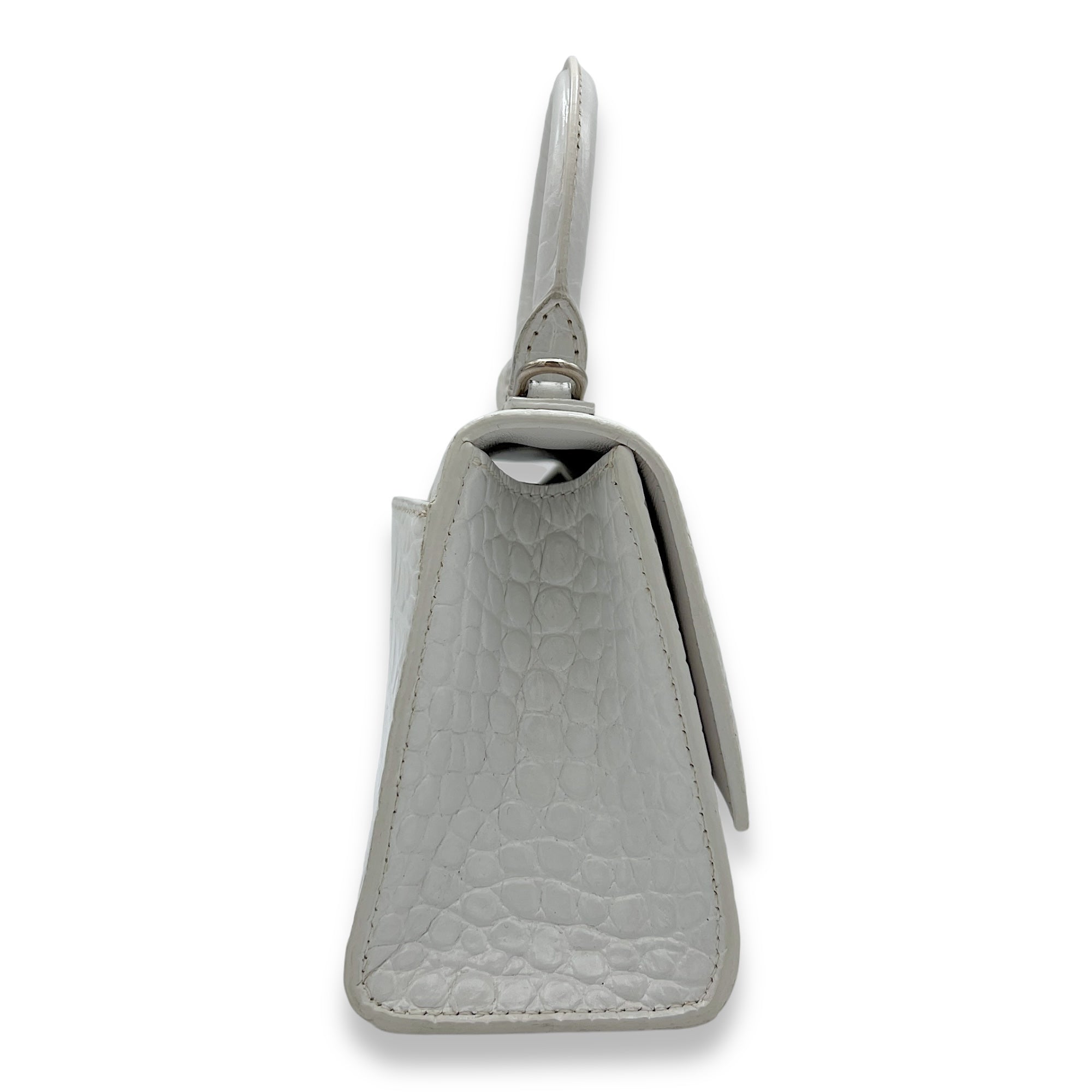 Balenciaga Hourglass XS White Top Handle Bag in Crocodile Embossed Calfskin, Silver hardware_4