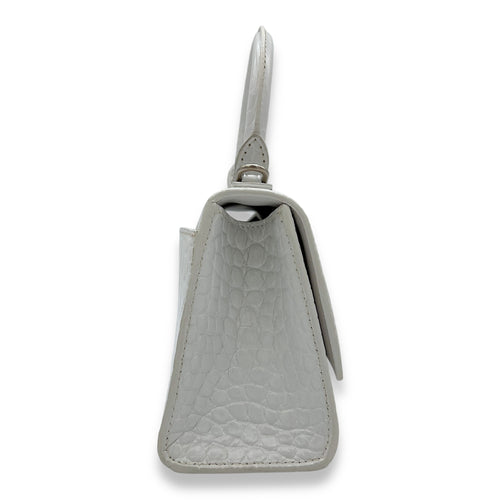Balenciaga Hourglass XS White Top Handle Bag in Crocodile Embossed Calfskin, Silver hardware_4