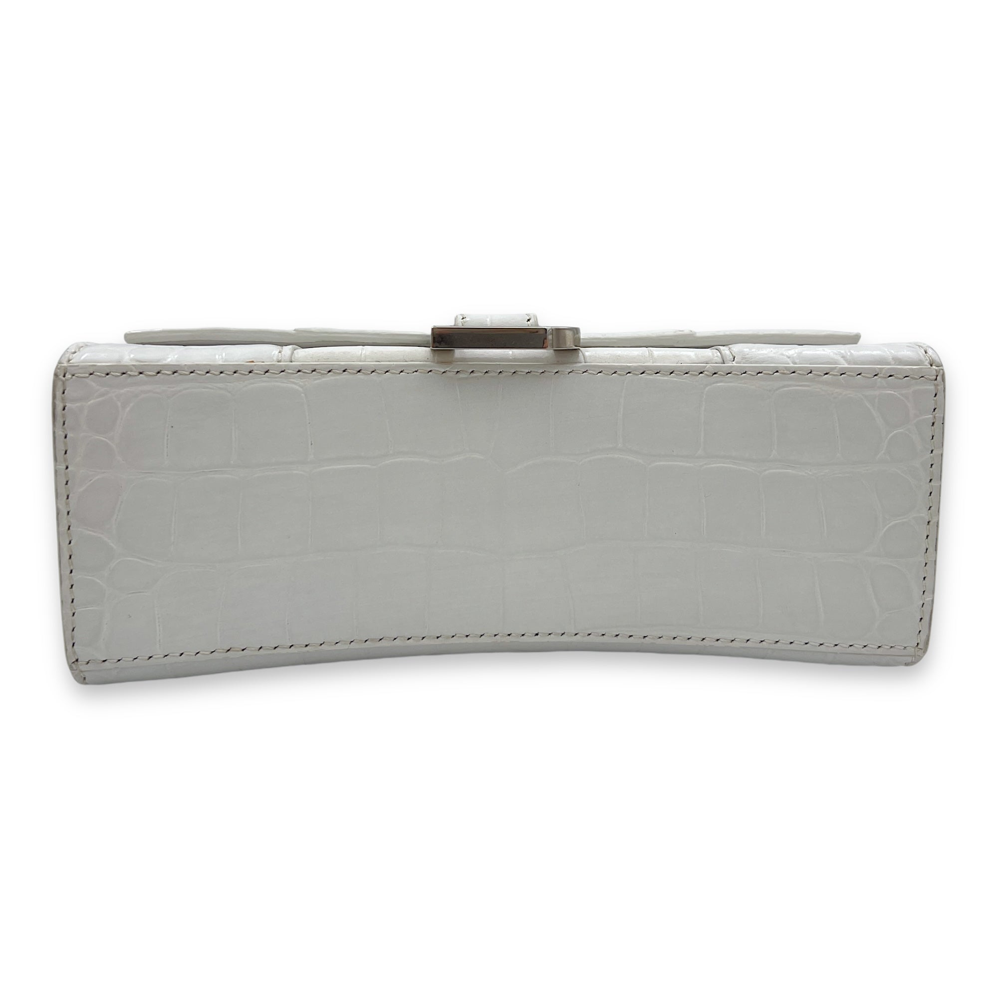 Balenciaga Hourglass XS White Top Handle Bag in Crocodile Embossed Calfskin, Silver hardware_5