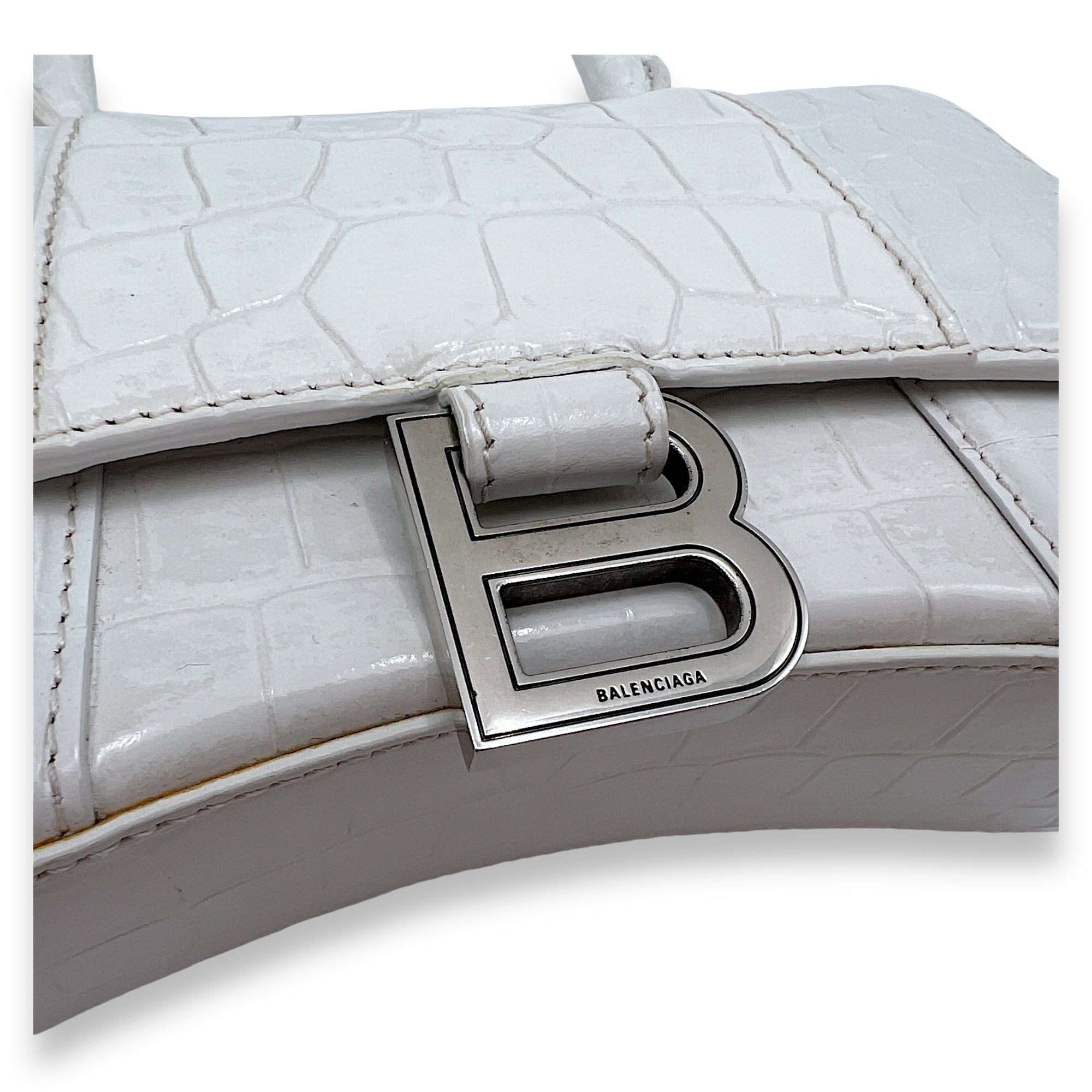 Balenciaga Hourglass XS White Top Handle Bag in Crocodile Embossed Calfskin, Silver hardware_6