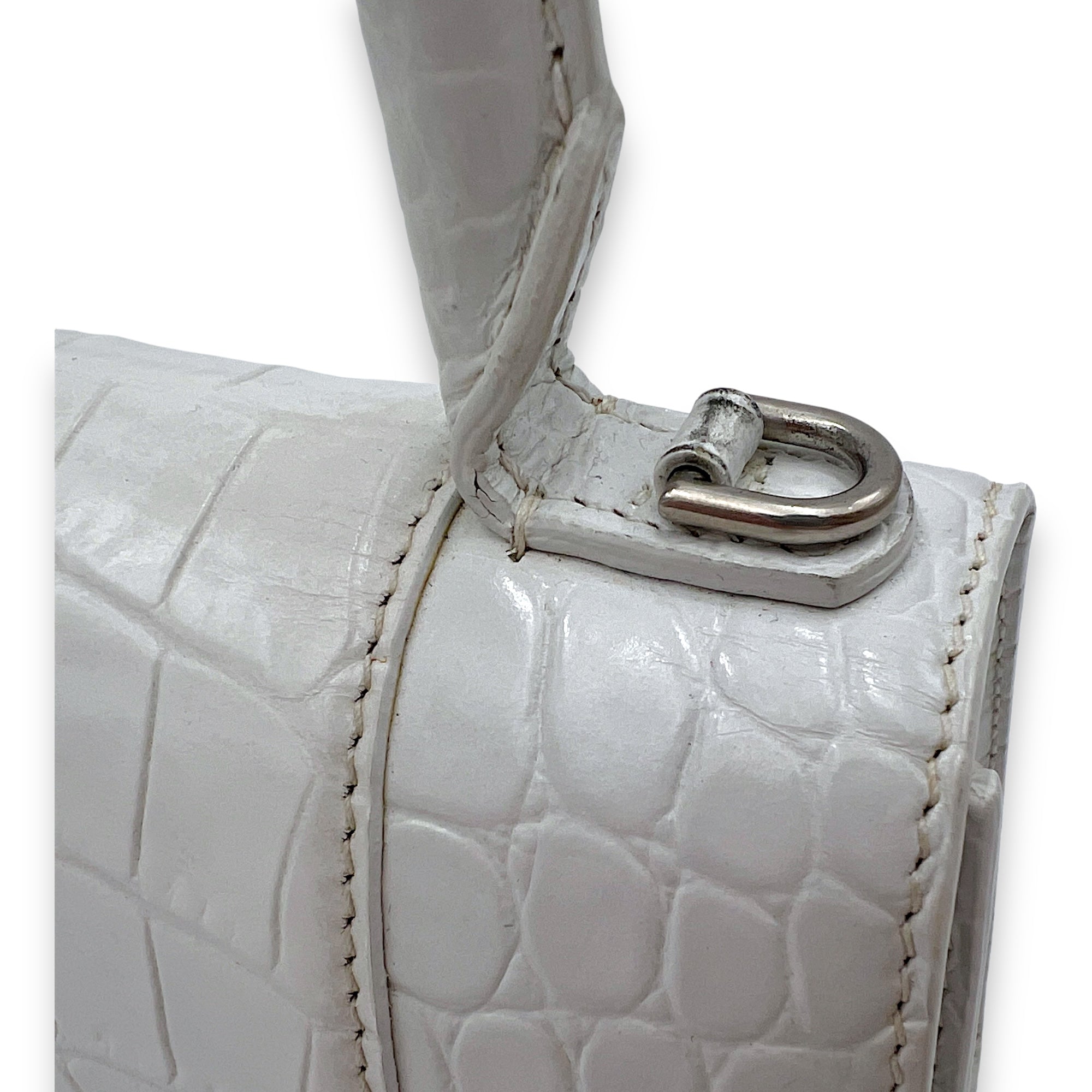 Balenciaga Hourglass XS White Top Handle Bag in Crocodile Embossed Calfskin, Silver hardware_7