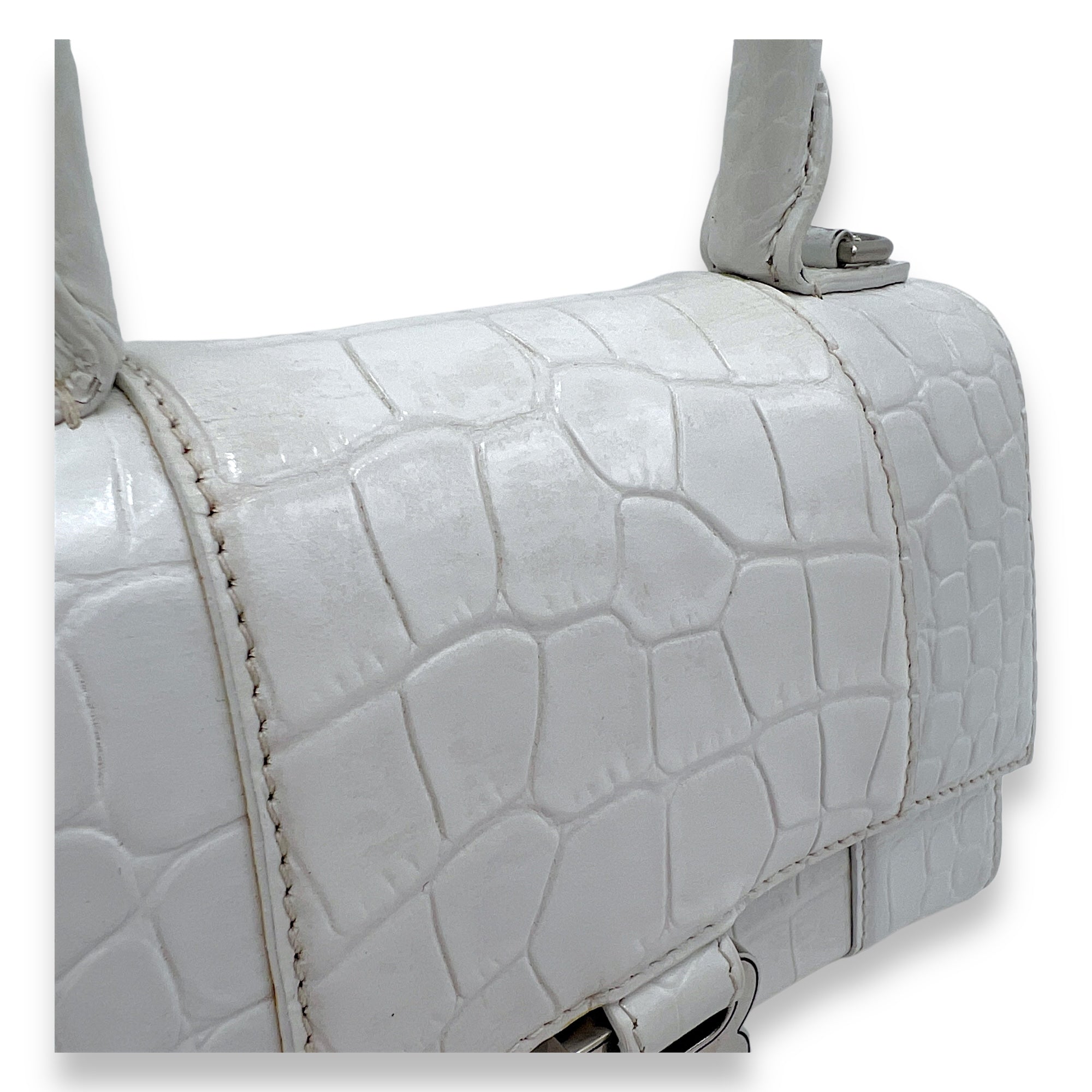 Balenciaga Hourglass XS White Top Handle Bag in Crocodile Embossed Calfskin, Silver hardware_9