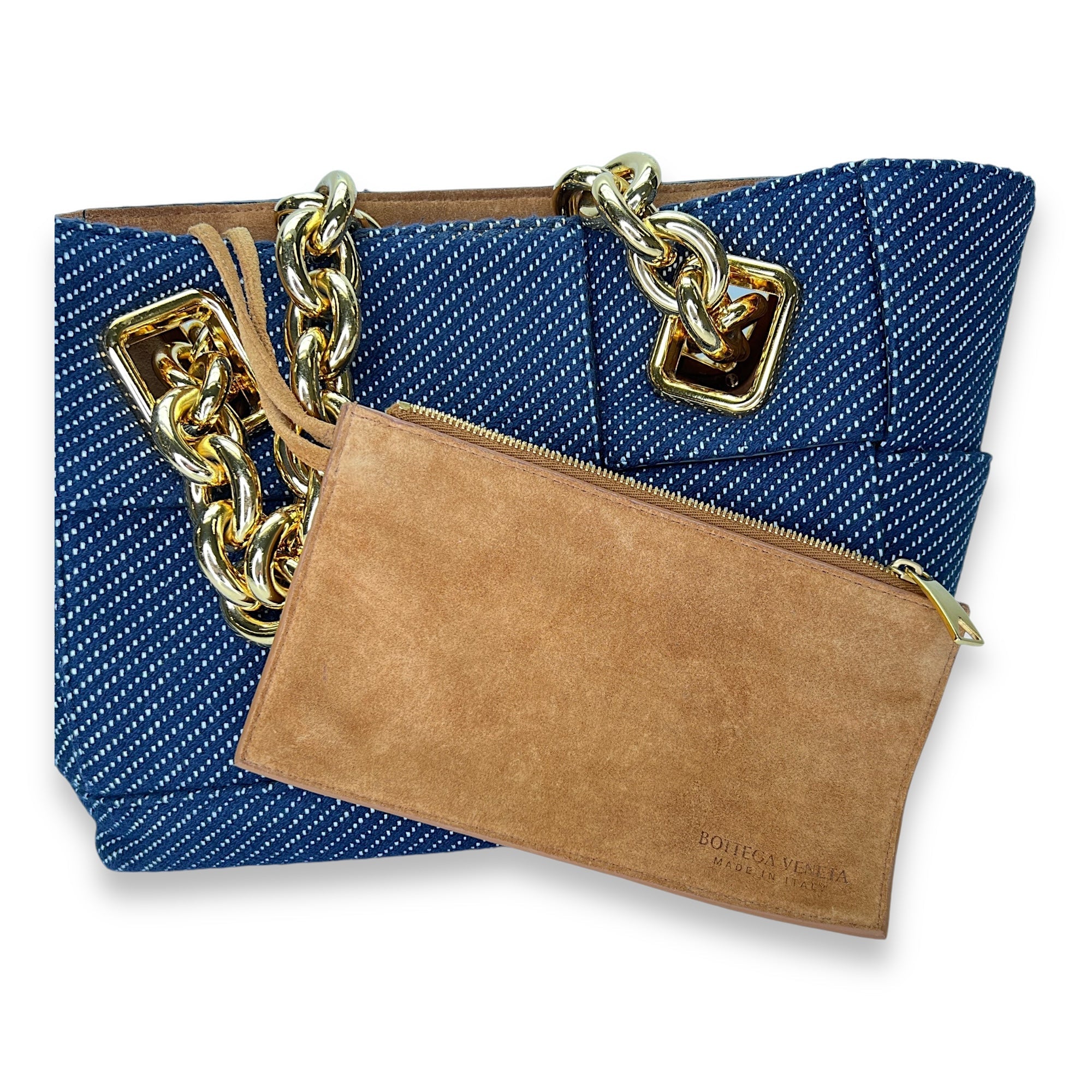 Bottega Veneta Arco Chain Blue Shoulder Bag in Denim, Gold