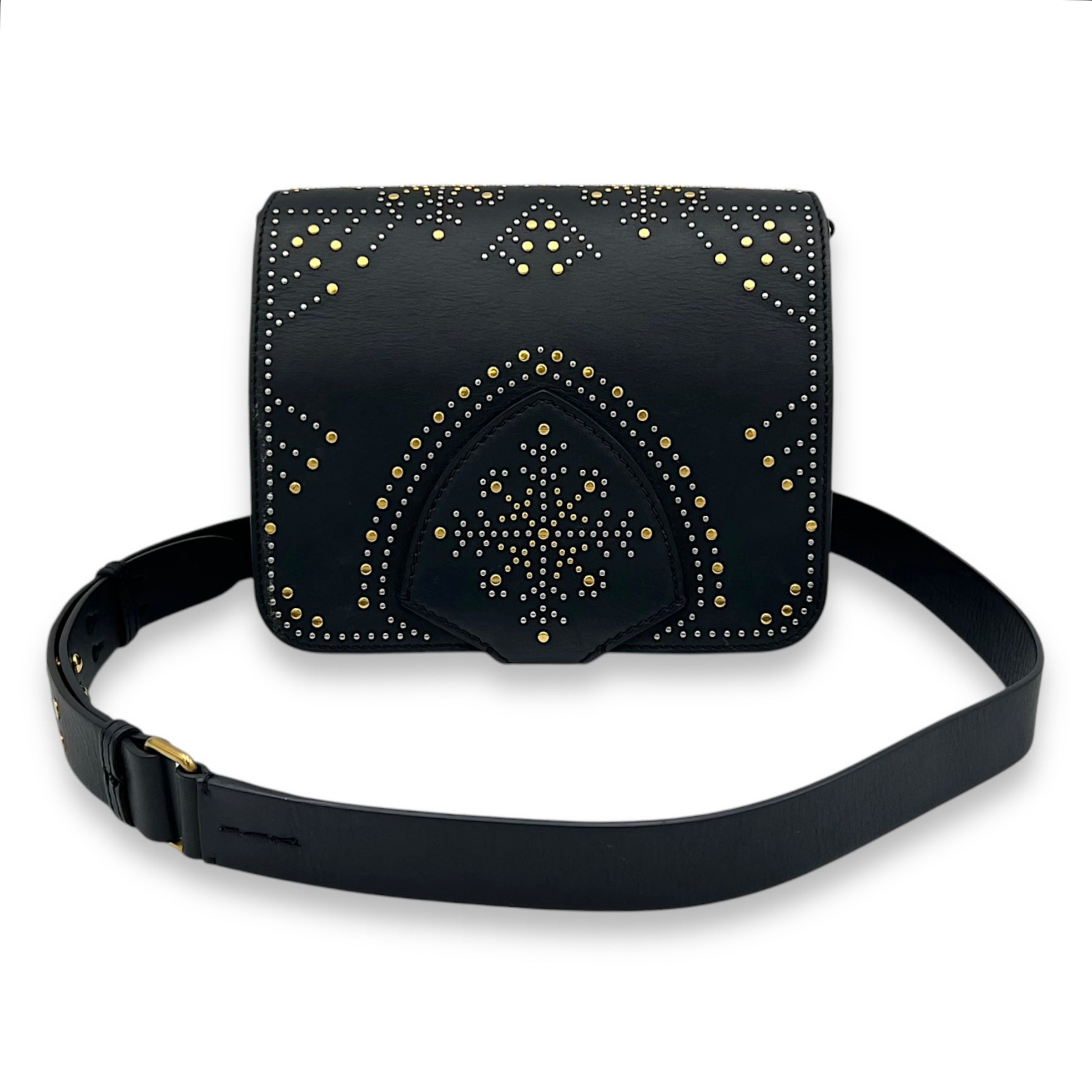 Birdie Studded Black Crossbody Bag in Calfskin, Mixed hardware