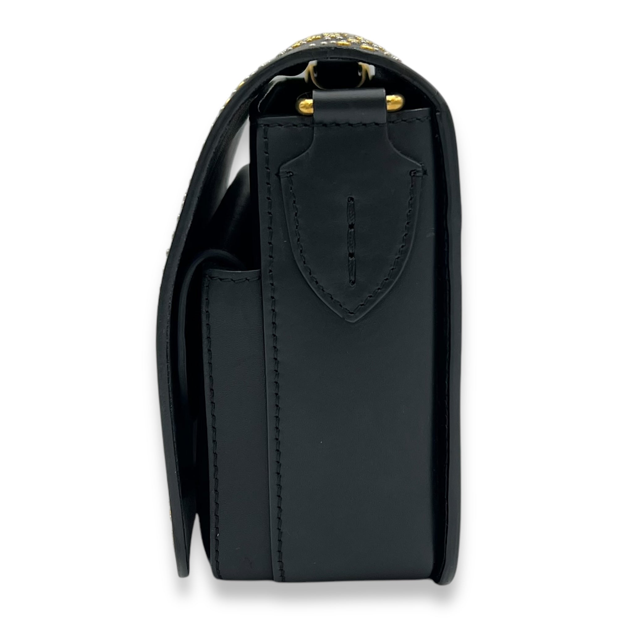 Birdie Studded Black Crossbody Bag in Calfskin, Mixed hardware