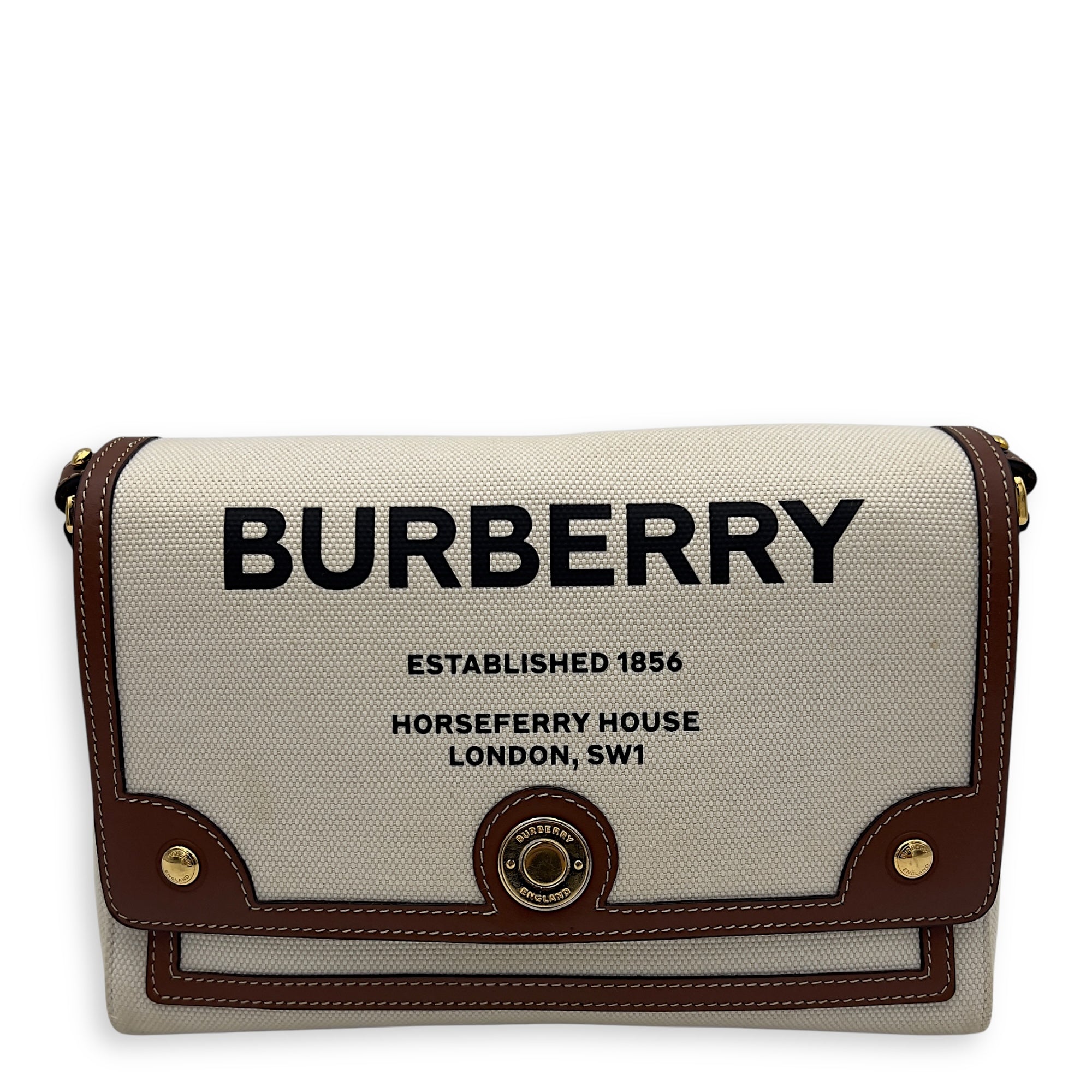 Burberry Horseferry Print Note Brown Crossbody Bag in Canvas, Gold hardware_1
